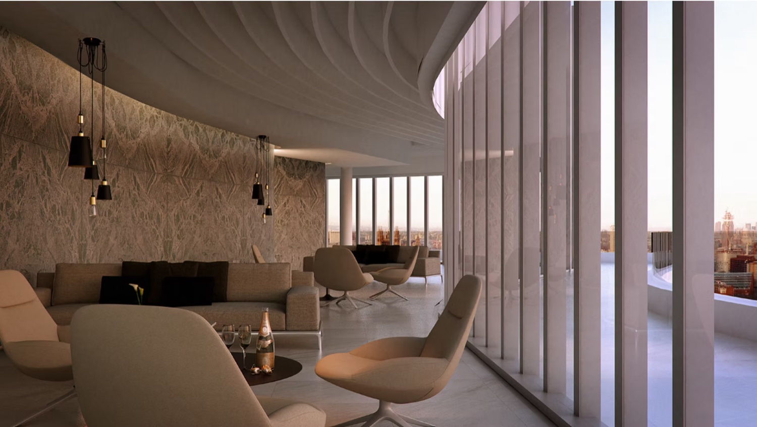 Millbank Tower — curved penthouse lounge at dusk